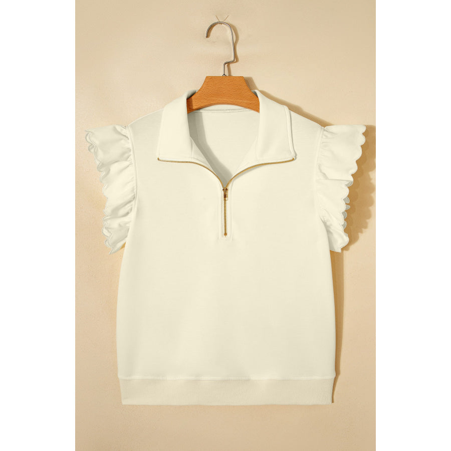 Beige Zipped up Collared Ruffled Short Sleeve Blouse Tops/Blouses & Shirts
