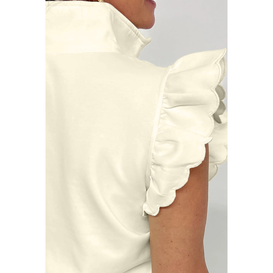 Beige Zipped up Collared Ruffled Short Sleeve Blouse Tops/Blouses & Shirts