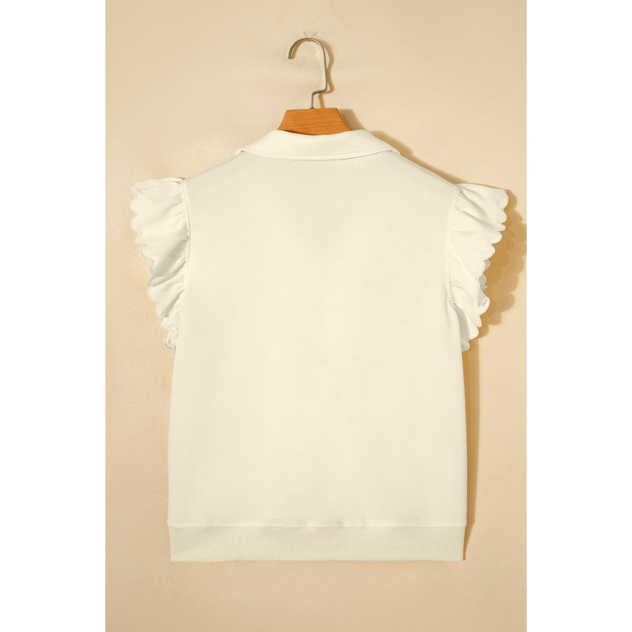 Beige Zipped up Collared Ruffled Short Sleeve Blouse Tops/Blouses & Shirts