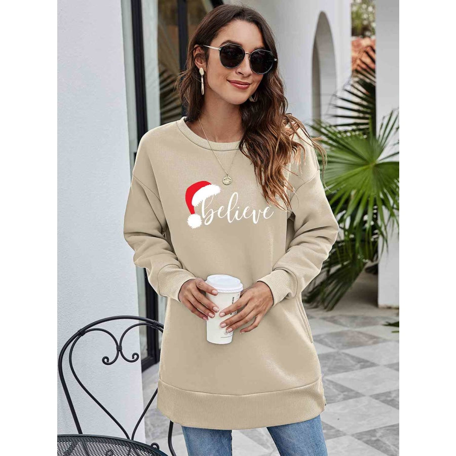 BELIEVE Graphic Tunic Sweatshirt Beige / S