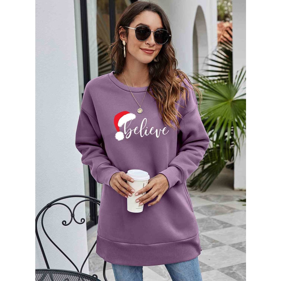 BELIEVE Graphic Tunic Sweatshirt Dusty Purple / S