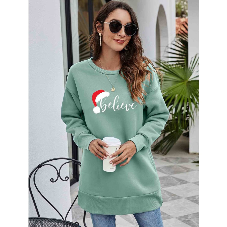 BELIEVE Graphic Tunic Sweatshirt Sage / S