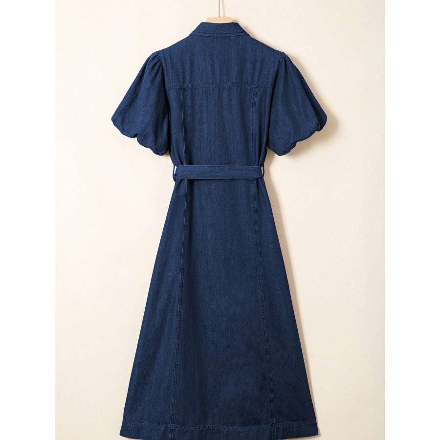 Belted Button-Down Midi Denim Dress Apparel and Accessories