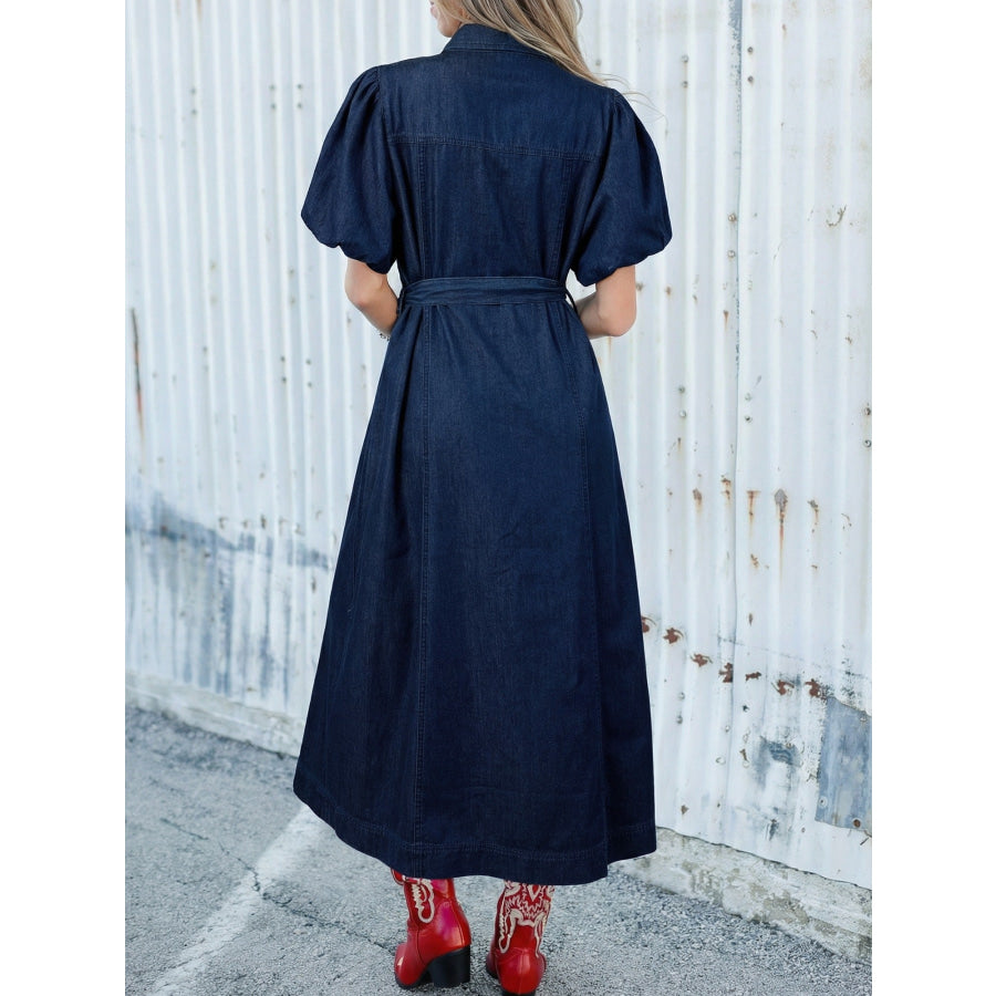 Belted Button-Down Midi Denim Dress Navy / S Apparel and Accessories