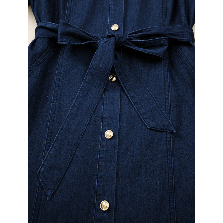 Belted Button-Down Midi Denim Dress Apparel and Accessories