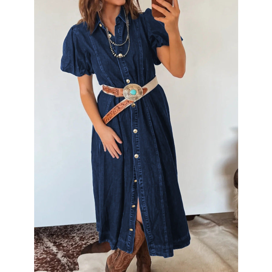 Belted Button-Down Midi Denim Dress Apparel and Accessories