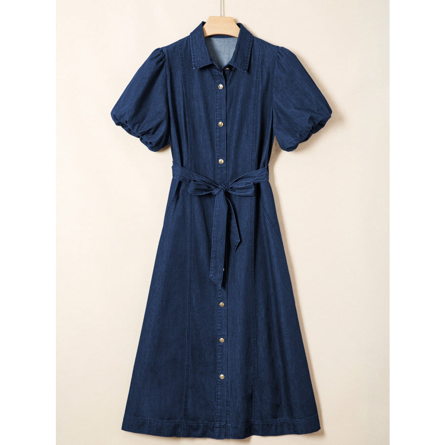 Belted Button-Down Midi Denim Dress Apparel and Accessories