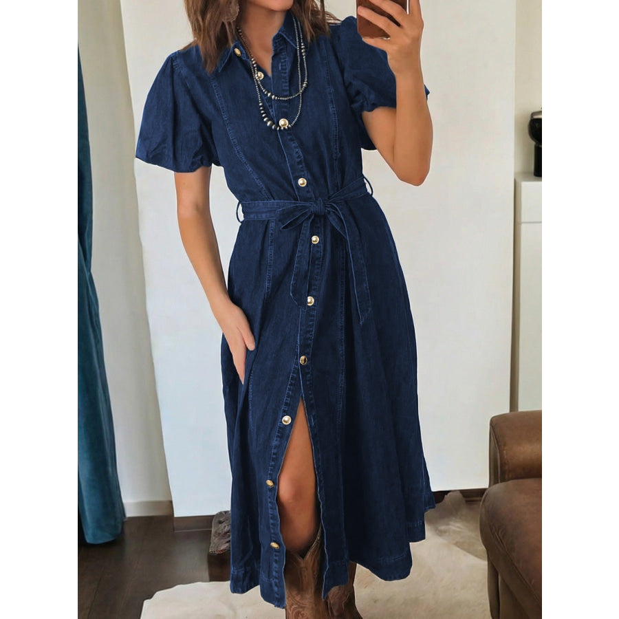 Belted Button-Down Midi Denim Dress Navy / S Apparel and Accessories