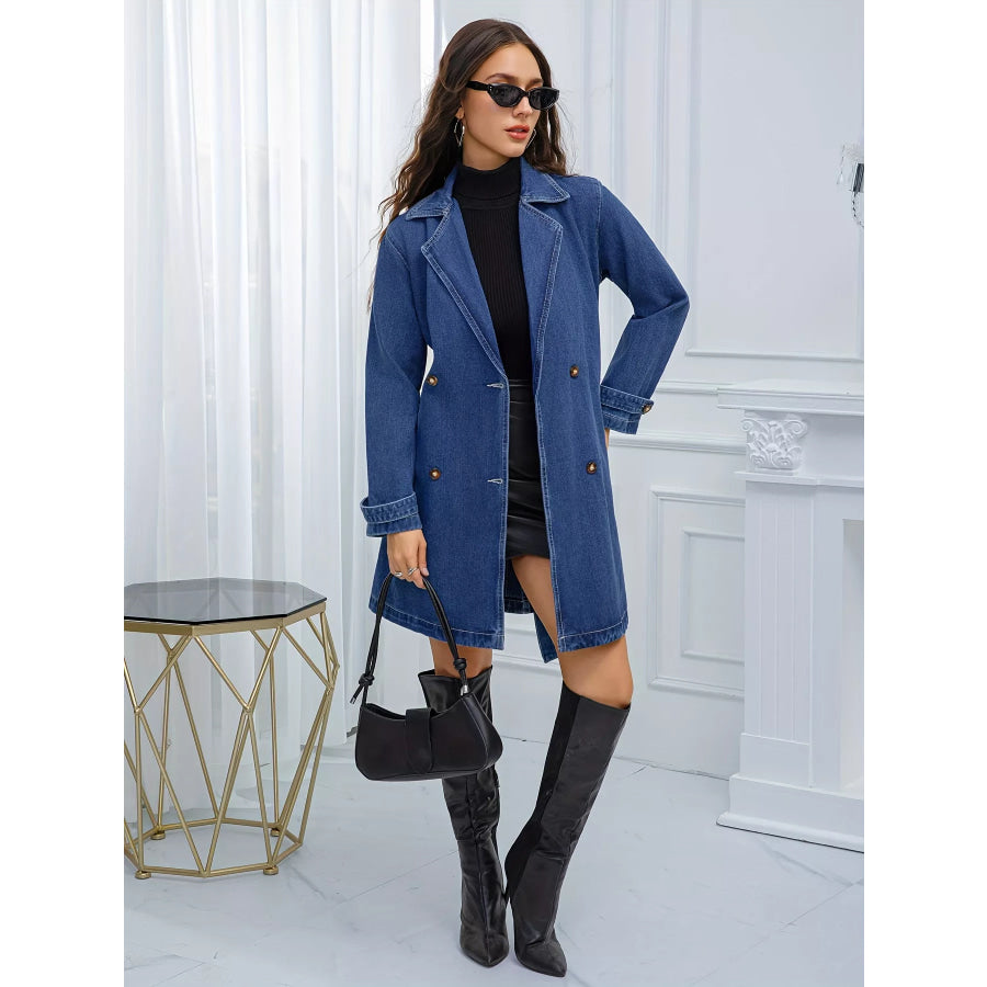 Belted Double-Breasted Denim Jacket Apparel and Accessories