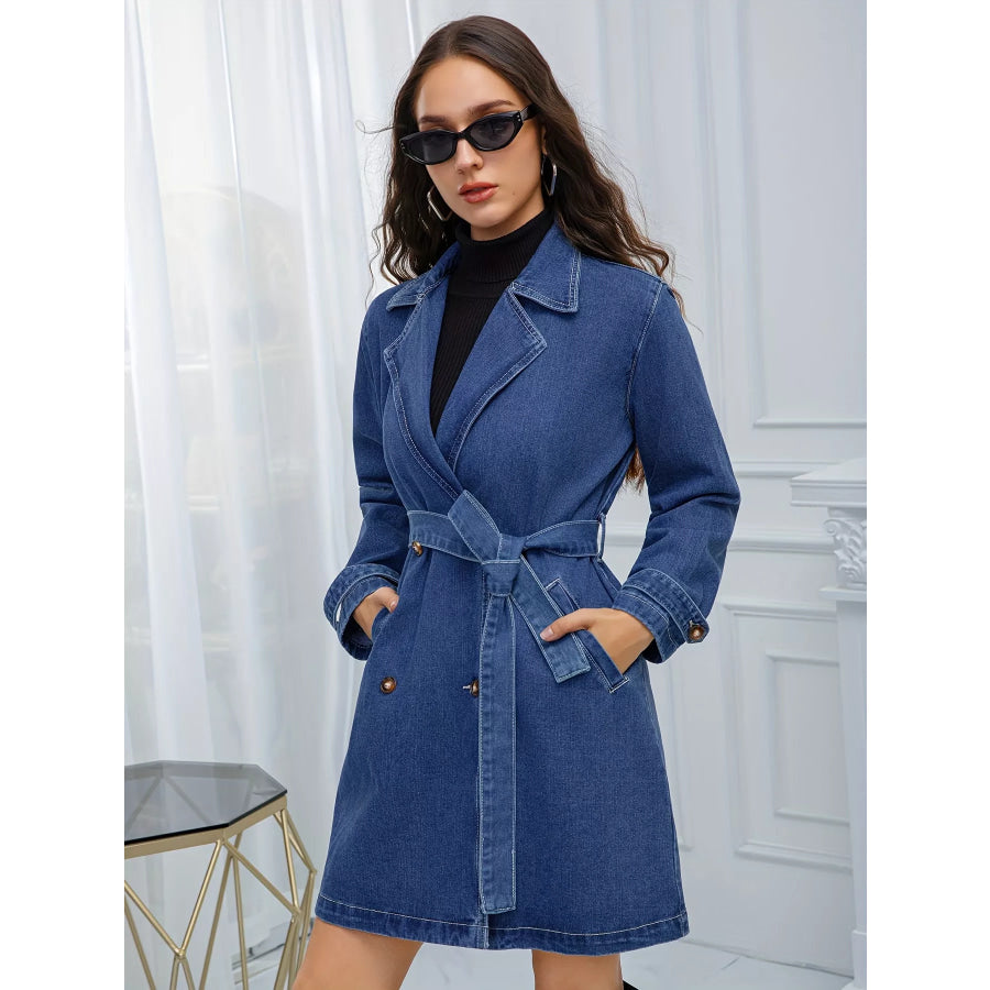 Belted Double-Breasted Denim Jacket Blue / S Apparel and Accessories