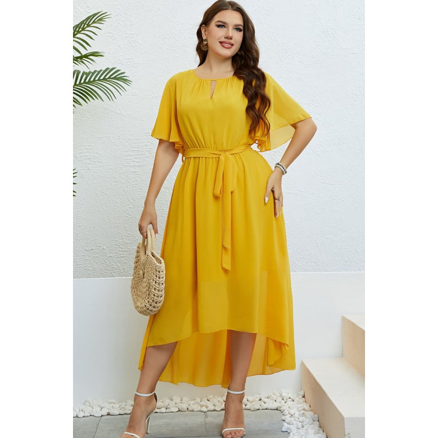 Belted Flutter Sleeve High-Low Dress Mustard / 1X