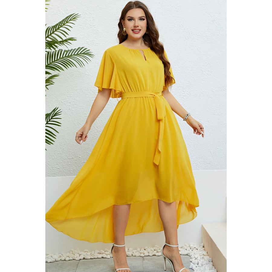 Belted Flutter Sleeve High-Low Dress