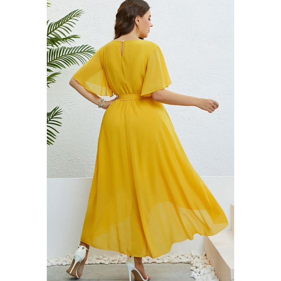 Belted Flutter Sleeve High-Low Dress Mustard / 1X