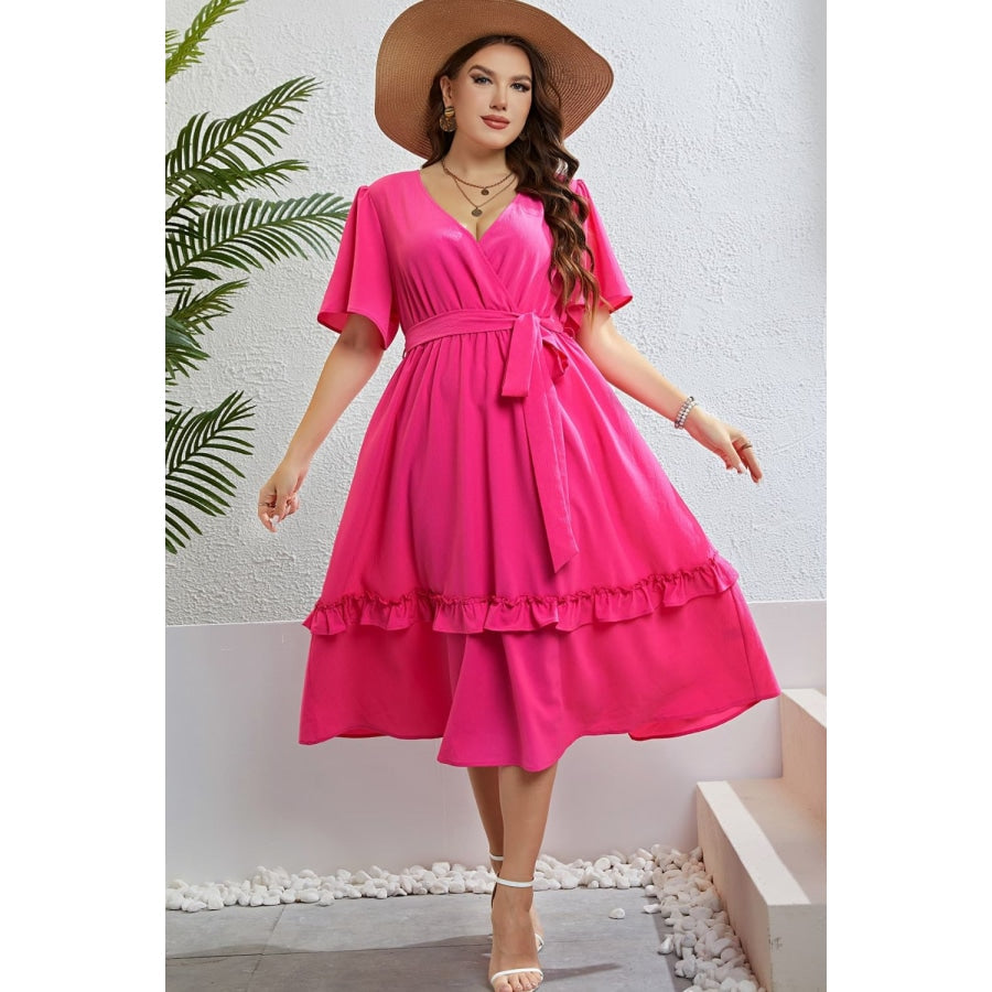 Belted Frill Trim Flutter Sleeve Dress Hot Pink / 1X