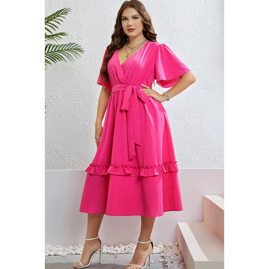 Belted Frill Trim Flutter Sleeve Dress