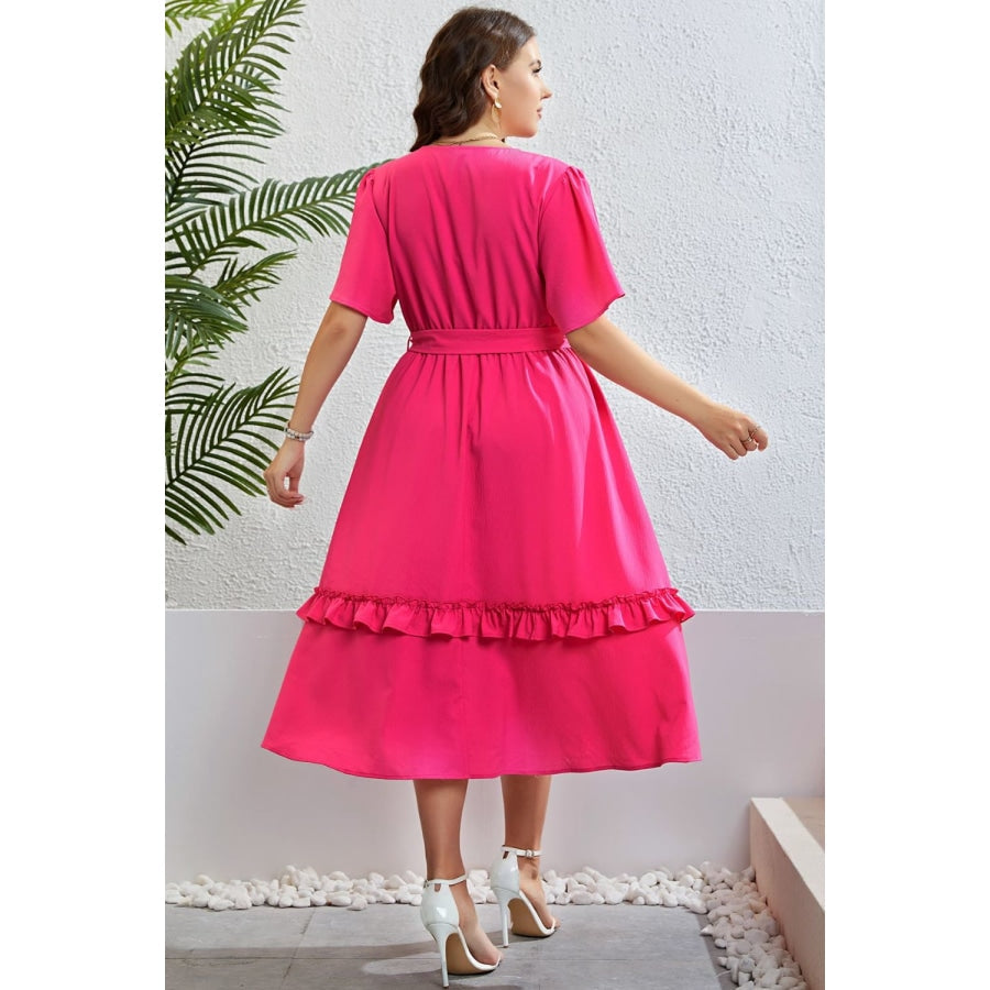 Belted Frill Trim Flutter Sleeve Dress