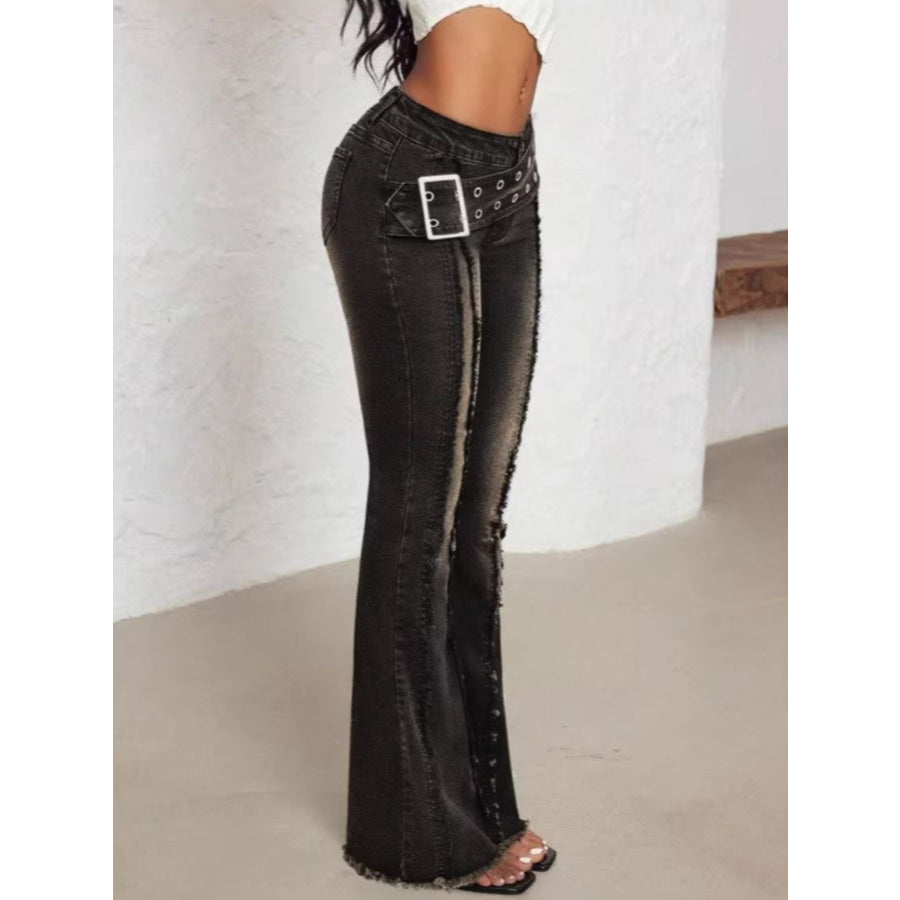 Belted High Waist Flare Jeans Apparel and Accessories