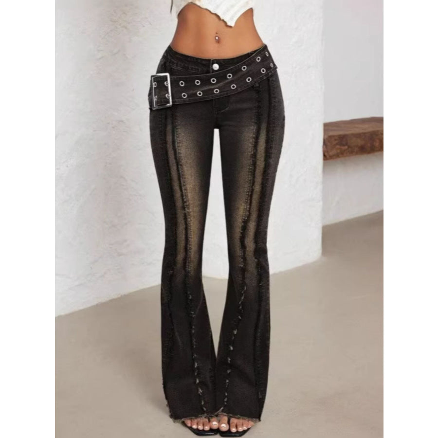 Belted High Waist Flare Jeans Black / S Apparel and Accessories