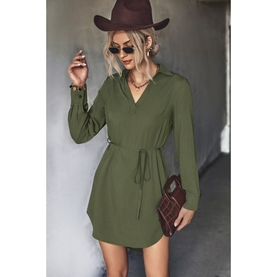 Belted Johnny Collar High-Low Shirt Dress Olive / S