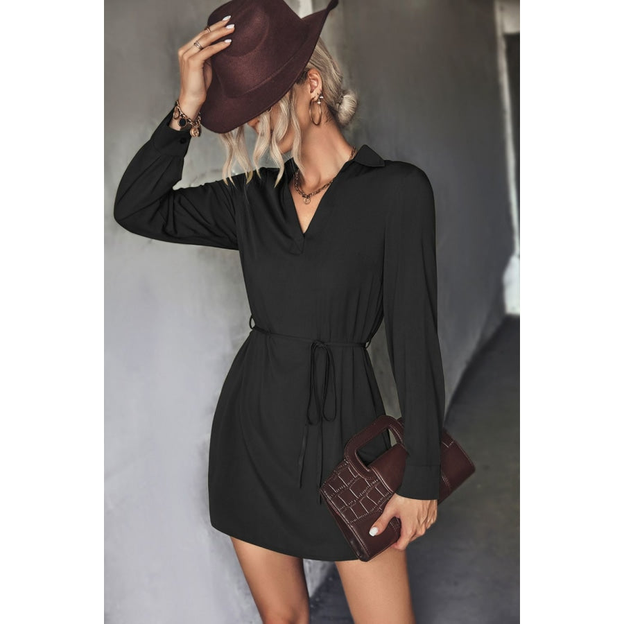 Belted Johnny Collar High-Low Shirt Dress Black / S