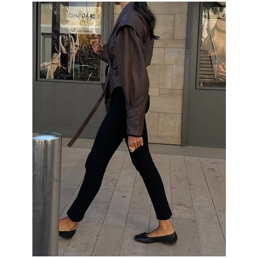 Belted Leather Jacket with Shawl Collar Apparel and Accessories