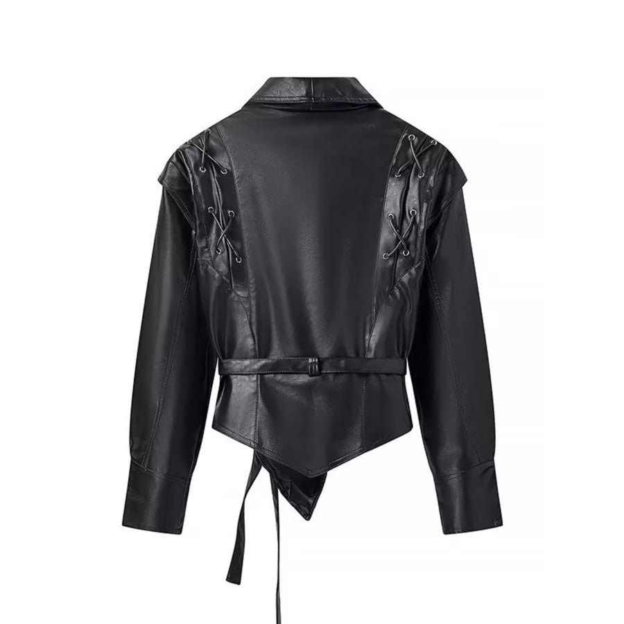 Belted Leather Jacket with Shawl Collar Apparel and Accessories