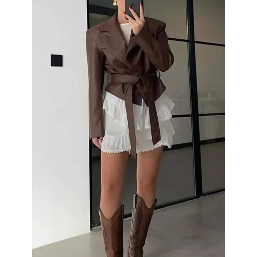 Belted Leather Jacket with Shawl Collar Apparel and Accessories