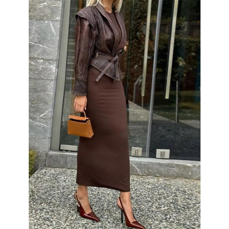 Belted Leather Jacket with Shawl Collar Apparel and Accessories