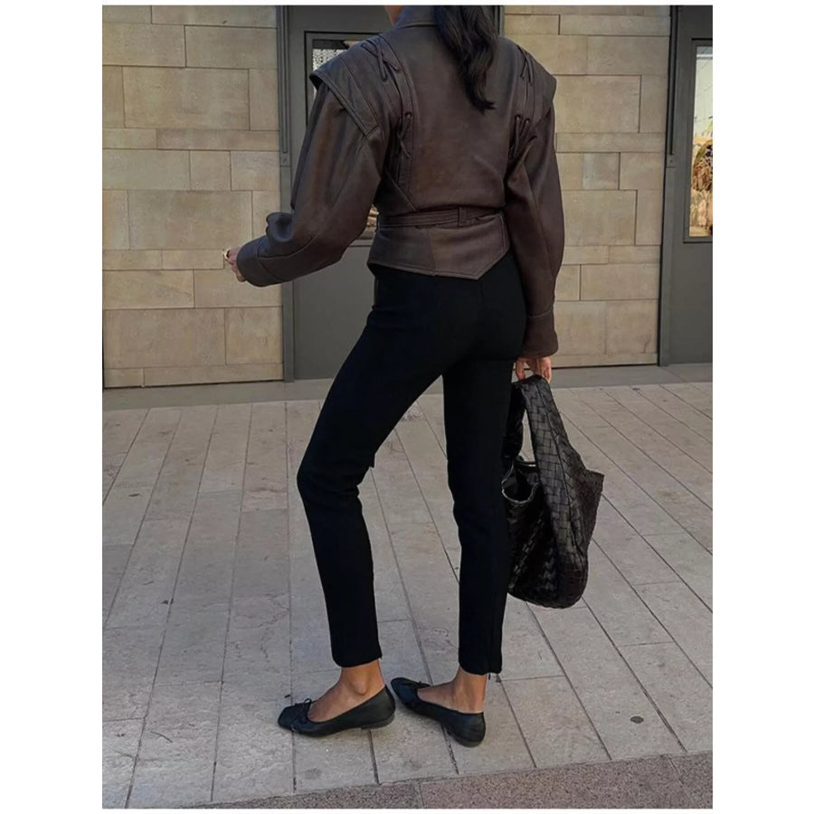 Belted Leather Jacket with Shawl Collar Apparel and Accessories