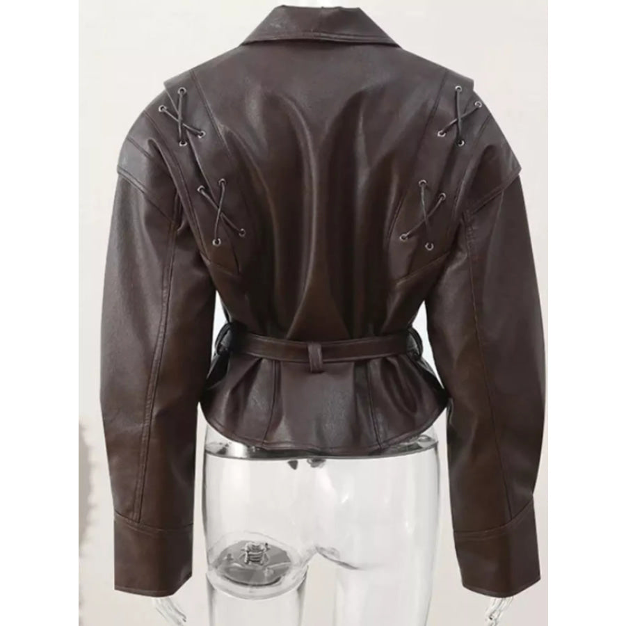 Belted Leather Jacket with Shawl Collar Apparel and Accessories