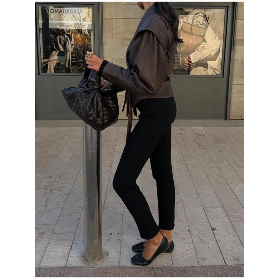Belted Leather Jacket with Shawl Collar Apparel and Accessories