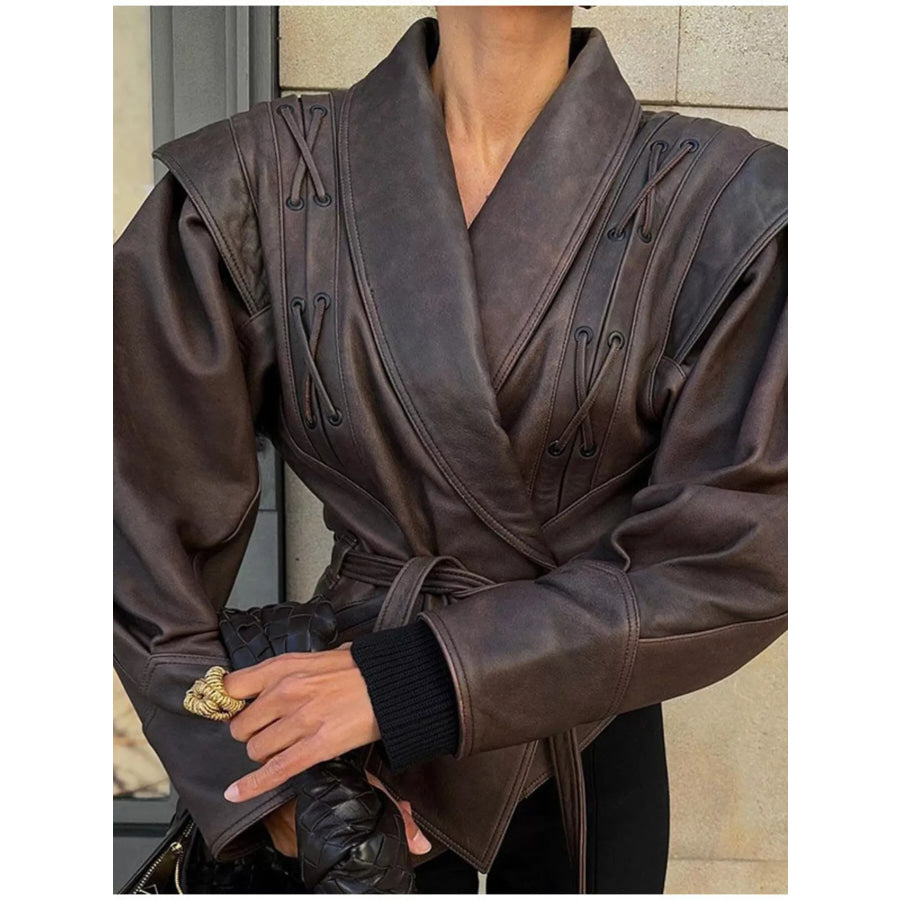 Belted Leather Jacket with Shawl Collar Apparel and Accessories