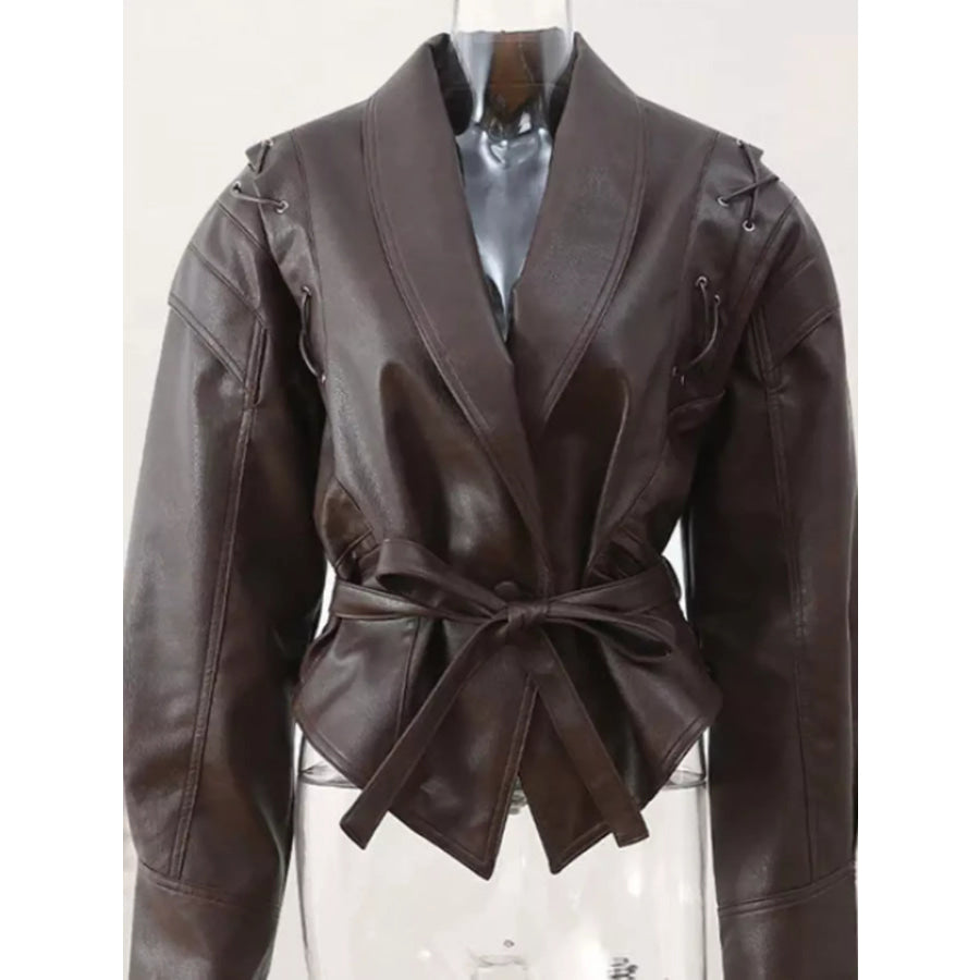 Belted Leather Jacket with Shawl Collar Apparel and Accessories
