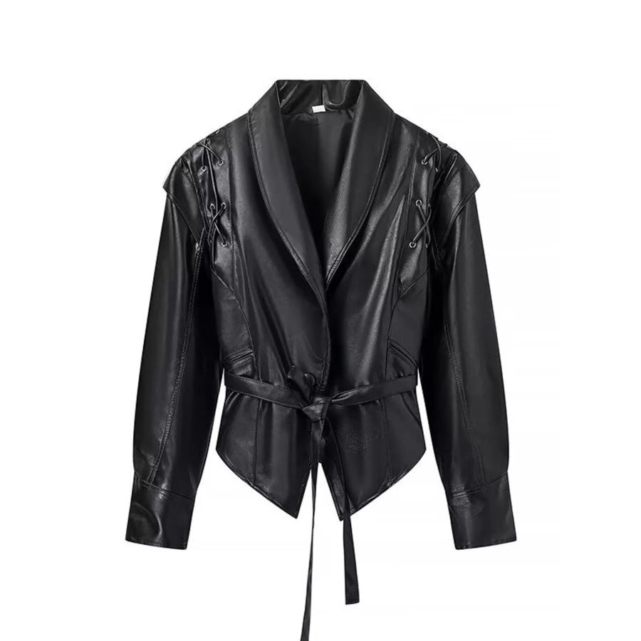 Belted Leather Jacket with Shawl Collar Black / S Apparel and Accessories