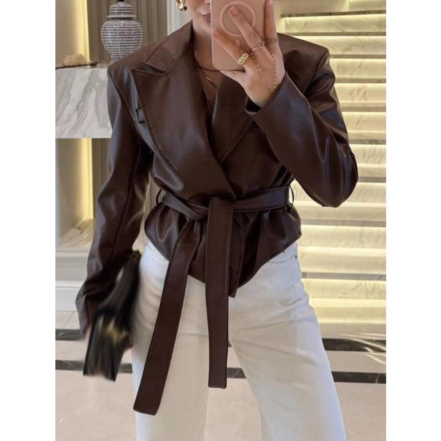 Belted Leather Jacket with Shawl Collar Brown / S Apparel and Accessories
