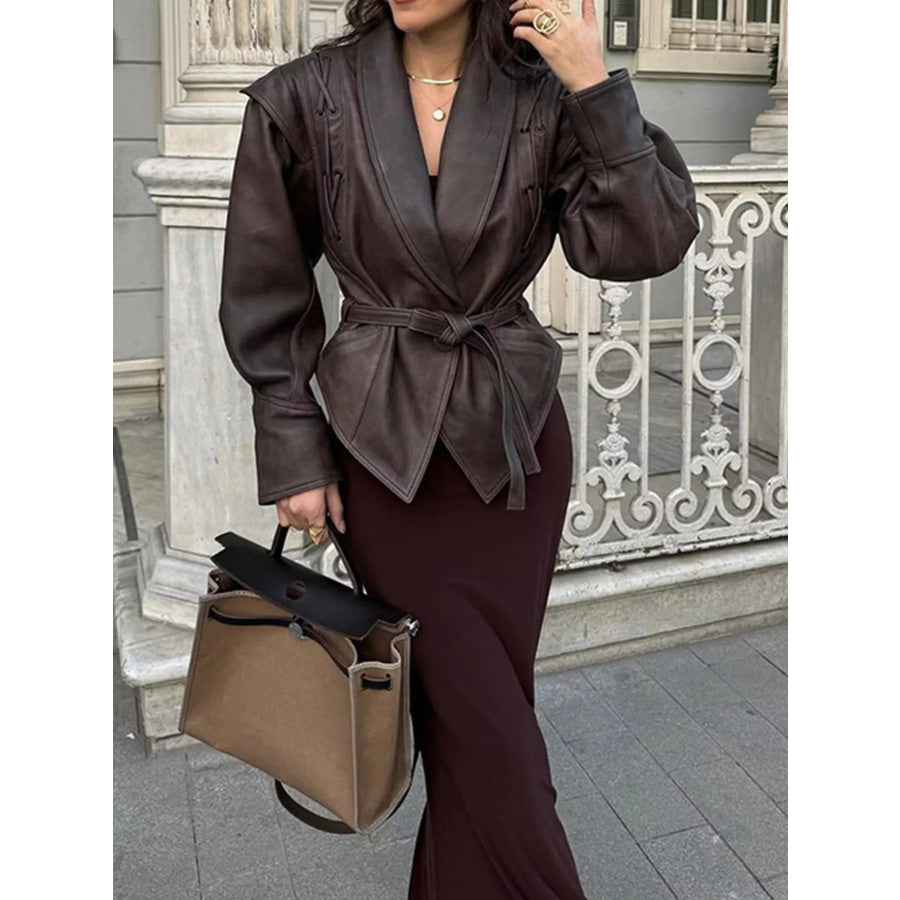 Belted Leather Jacket with Shawl Collar Coffee Brown / S Apparel and Accessories