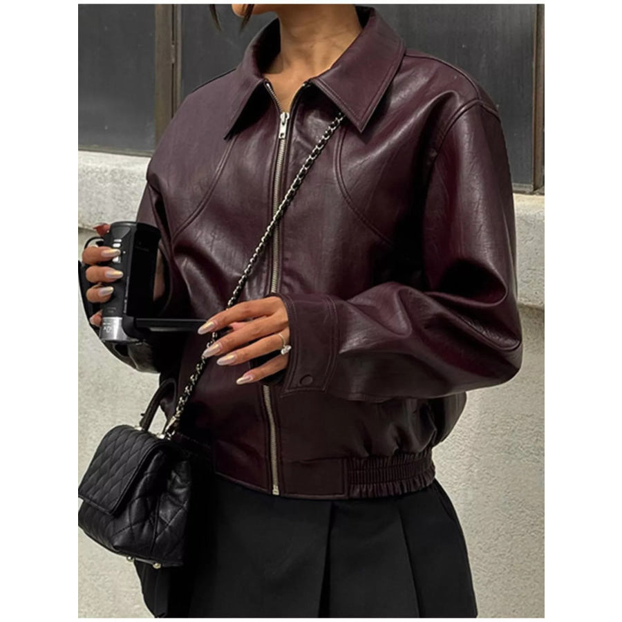 Belted Leather Jacket with Shawl Collar Dark Brown / S Apparel and Accessories