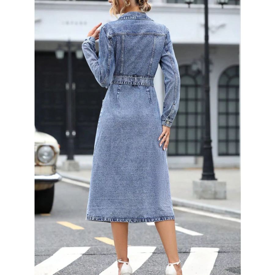Belted Long Sleeve Denim Dress Apparel and Accessories
