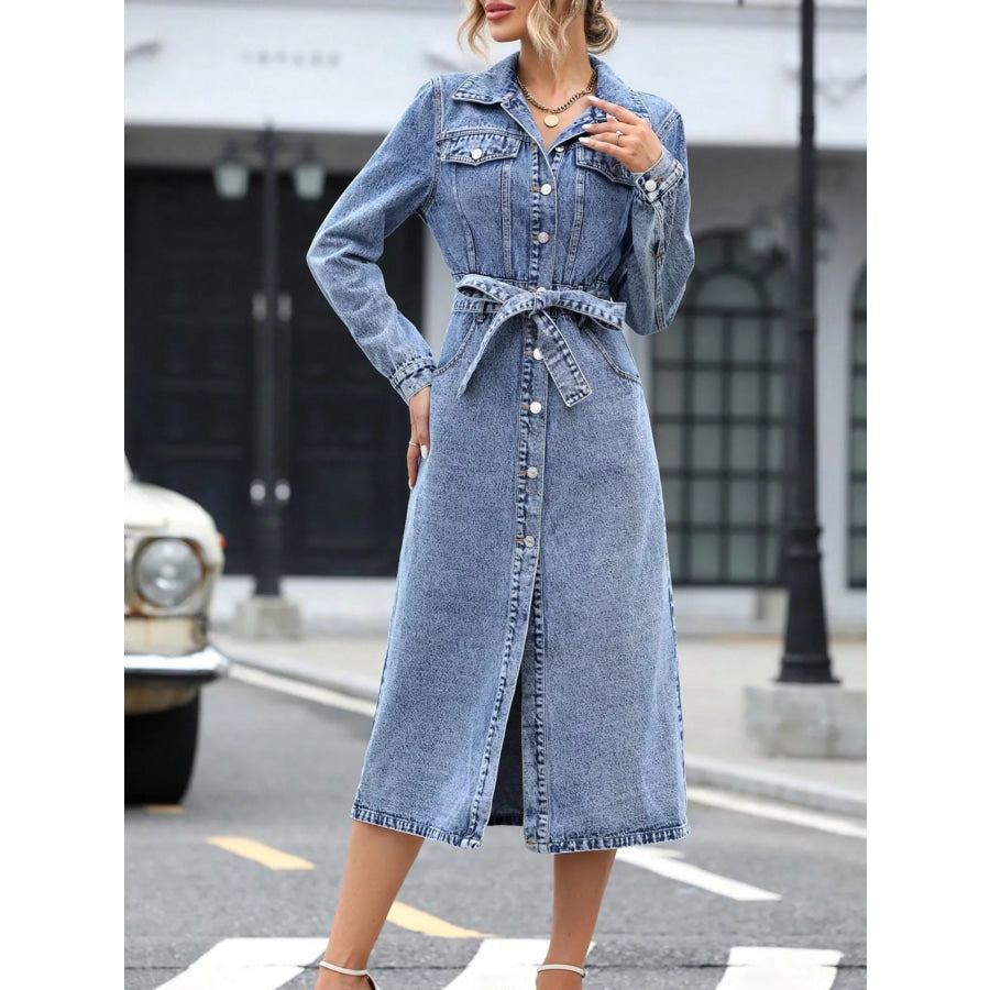 Belted Long Sleeve Denim Dress Apparel and Accessories