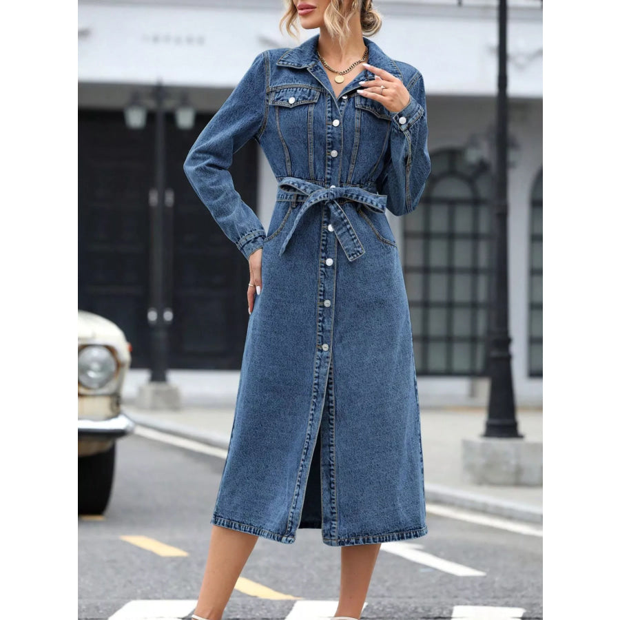 Belted Long Sleeve Denim Dress Apparel and Accessories