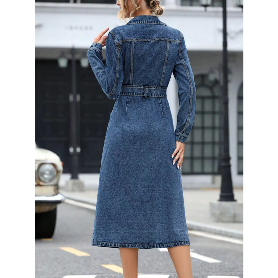 Belted Long Sleeve Denim Dress Apparel and Accessories