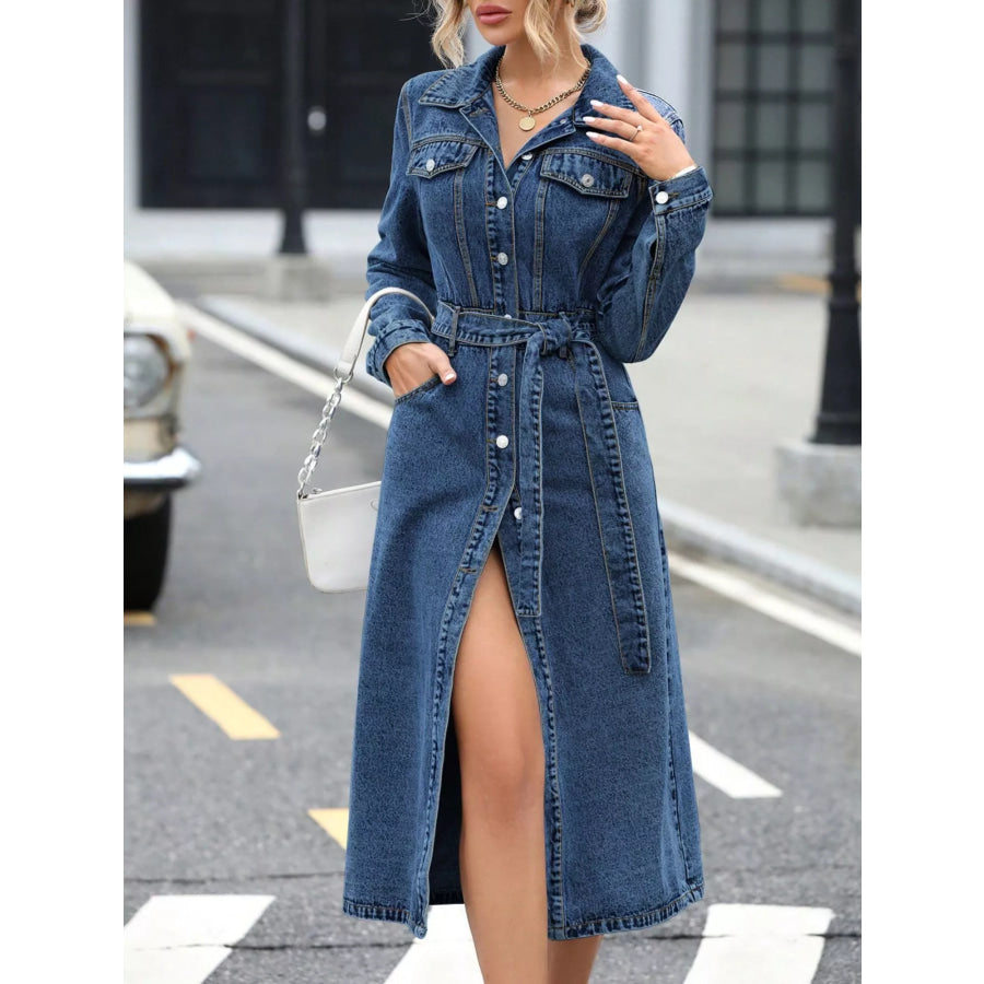 Belted Long Sleeve Denim Dress Apparel and Accessories
