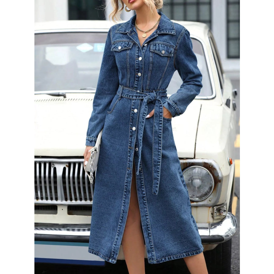 Belted Long Sleeve Denim Dress Blue / XS Apparel and Accessories