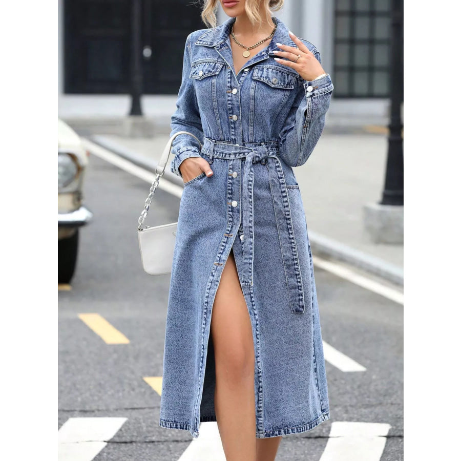 Belted Long Sleeve Denim Dress Light Blue / XS Apparel and Accessories