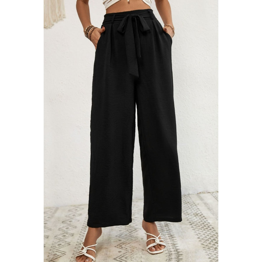 Belted Pleated Waist Wide Leg Pants Black / S