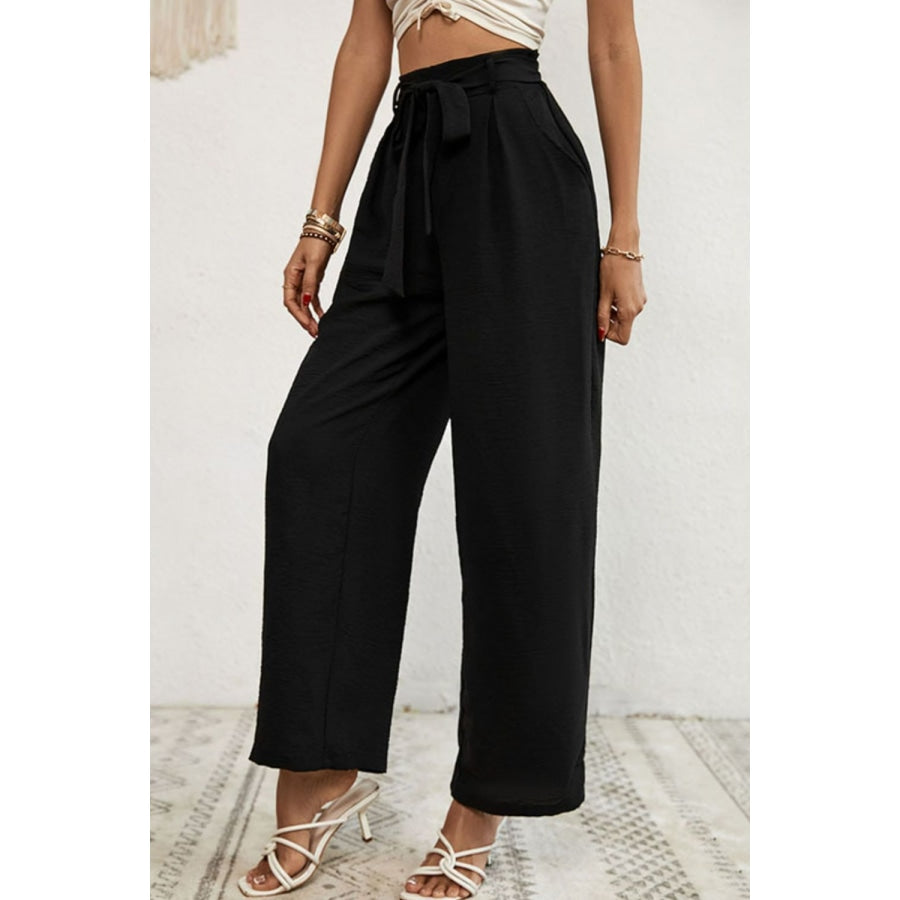 Belted Pleated Waist Wide Leg Pants