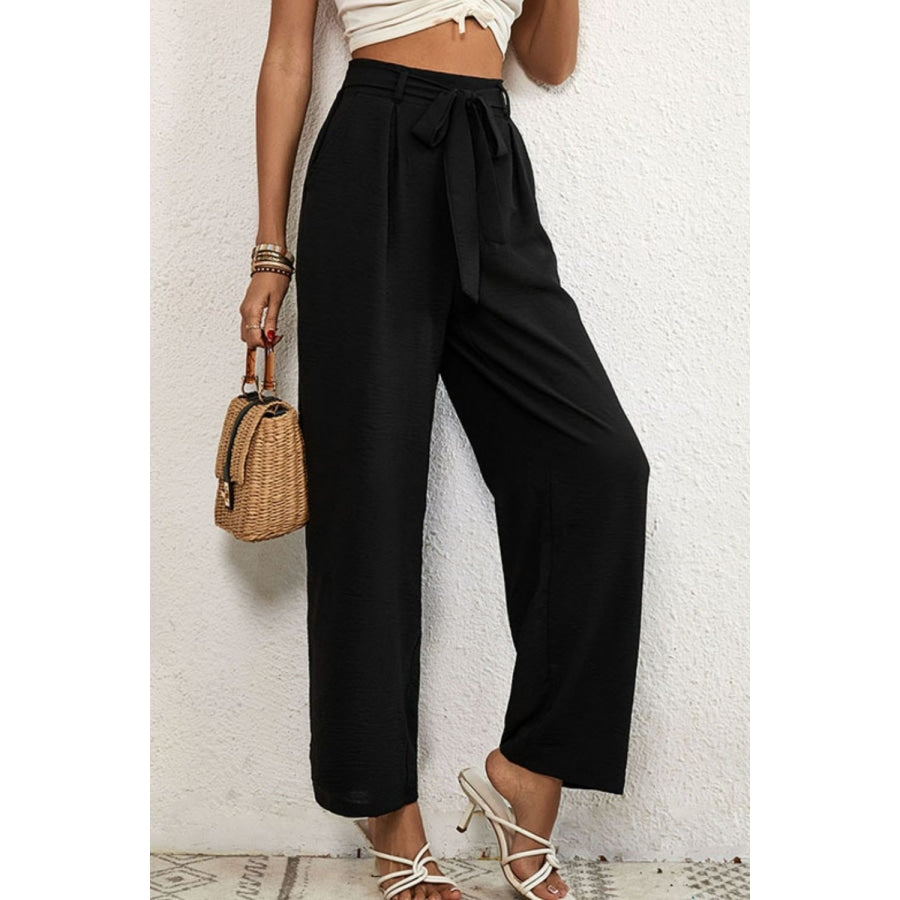 Belted Pleated Waist Wide Leg Pants