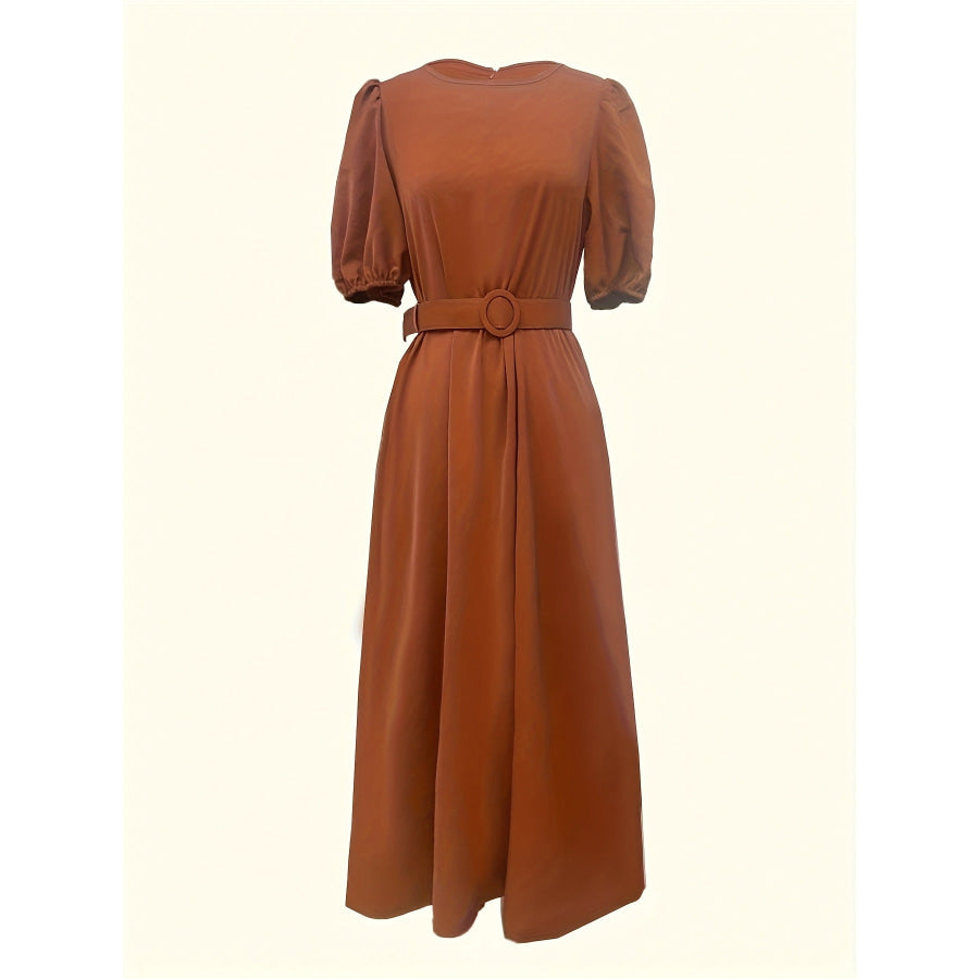 Belted Puff Sleeve Midi Dress Apparel and Accessories