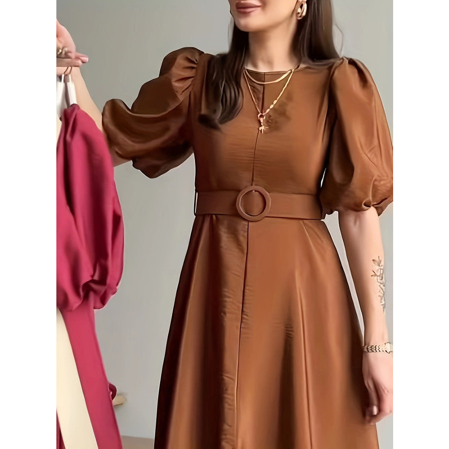 Belted Puff Sleeve Midi Dress Apparel and Accessories