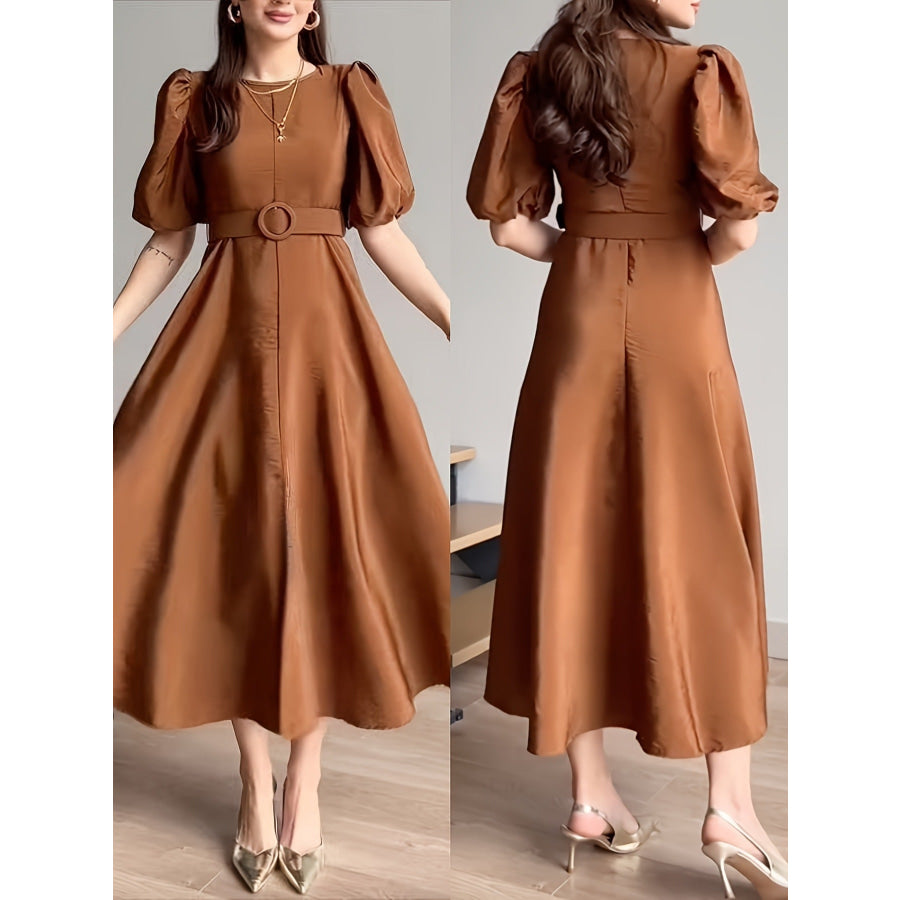 Belted Puff Sleeve Midi Dress Apparel and Accessories